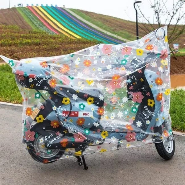 BIKE RAIN COVER, Transparent UV Protection & Water Resistant Bike Body Cover – Dustproof Two Wheeler/Scooter/Motorcycle Cover for Activa & More (Pack of 1, Random Print Design)(1069) - 120*220 cm