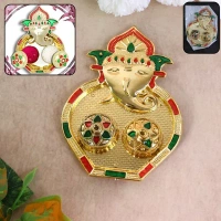 GANESH KUMKUM DISH, Golden Finish Ganesh Design Decorative Kumkum Box | Twin Container Sindoor & Chawal Holder with Stone Work for Pooja & Gifting(2670)