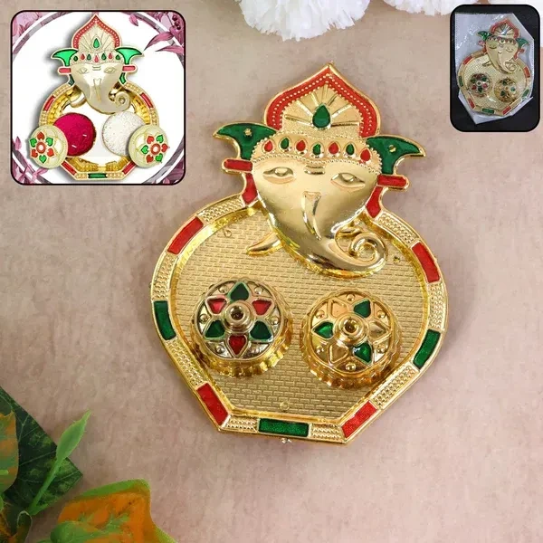GANESH KUMKUM DISH, Golden Finish Ganesh Design Decorative Kumkum Box | Twin Container Sindoor & Chawal Holder with Stone Work for Pooja & Gifting(2670)