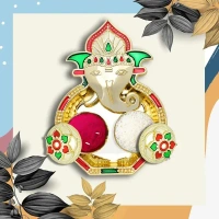 GANESH KUMKUM DISH, Golden Finish Ganesh Design Decorative Kumkum Box | Twin Container Sindoor & Chawal Holder with Stone Work for Pooja & Gifting(2670)