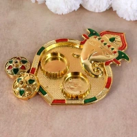 GANESH KUMKUM DISH, Golden Finish Ganesh Design Decorative Kumkum Box | Twin Container Sindoor & Chawal Holder with Stone Work for Pooja & Gifting(2670)