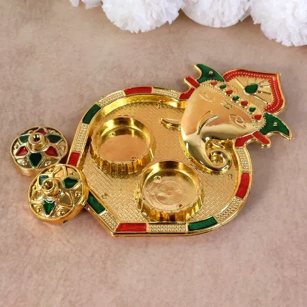 GANESH KUMKUM DISH, Golden Finish Ganesh Design Decorative Kumkum Box | Twin Container Sindoor & Chawal Holder with Stone Work for Pooja & Gifting(2670)