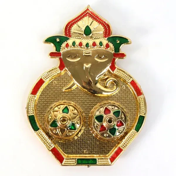 GANESH KUMKUM DISH, Golden Finish Ganesh Design Decorative Kumkum Box | Twin Container Sindoor & Chawal Holder with Stone Work for Pooja & Gifting(2670)