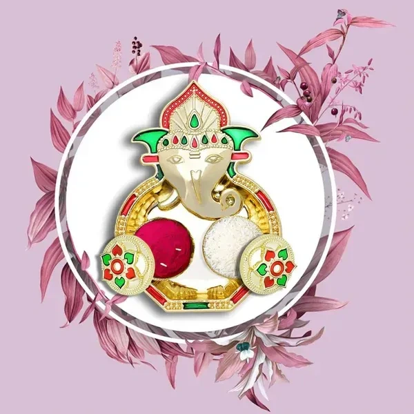 GANESH KUMKUM DISH, Golden Finish Ganesh Design Decorative Kumkum Box | Twin Container Sindoor & Chawal Holder with Stone Work for Pooja & Gifting(2670)
