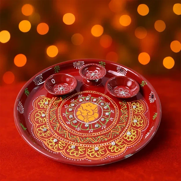 PRINTED POOJA THALI,Hand-Painted Decorative Pooja Thali with Ganesha Motif and Diyas  (2195) - Milano Red