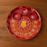 PRINTED POOJA THALI,Hand-Painted Decorative Pooja Thali with Ganesha Motif and Diyas  (2195) - Milano Red