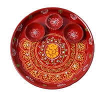 PRINTED POOJA THALI,Hand-Painted Decorative Pooja Thali with Ganesha Motif and Diyas  (2195) - Milano Red