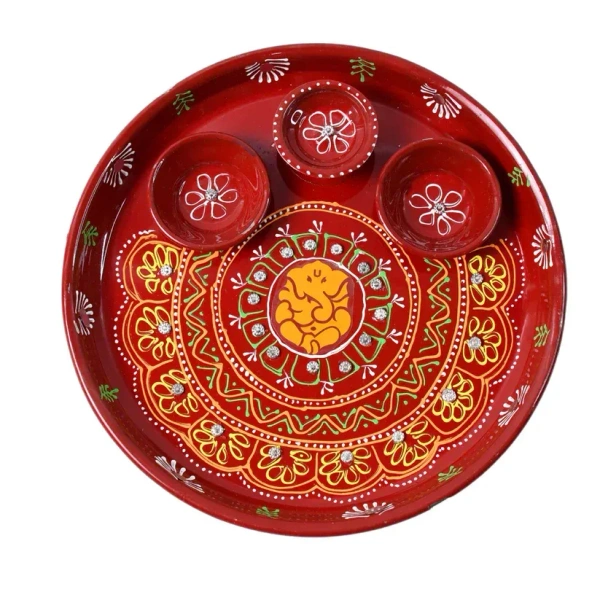 PRINTED POOJA THALI,Hand-Painted Decorative Pooja Thali with Ganesha Motif and Diyas  (2195) - Milano Red