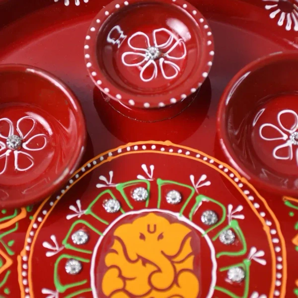 PRINTED POOJA THALI,Hand-Painted Decorative Pooja Thali with Ganesha Motif and Diyas  (2195) - Milano Red