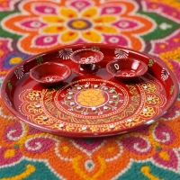 PRINTED POOJA THALI,Hand-Painted Decorative Pooja Thali with Ganesha Motif and Diyas  (2195) - Milano Red