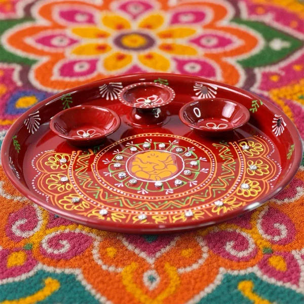 PRINTED POOJA THALI,Hand-Painted Decorative Pooja Thali with Ganesha Motif and Diyas  (2195) - Milano Red