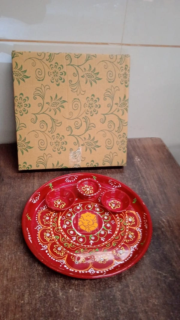 PRINTED POOJA THALI,Hand-Painted Decorative Pooja Thali with Ganesha Motif and Diyas  (2195) - Milano Red