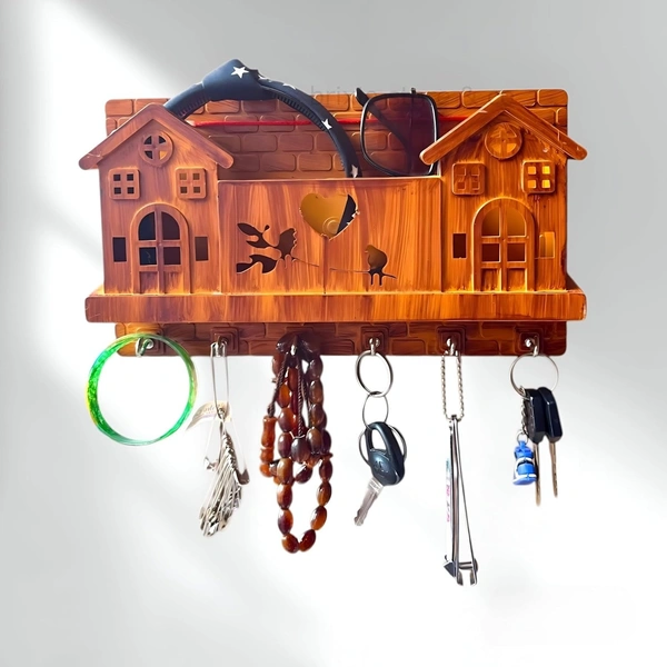 KEY HOUSE, House Design Wooden Key Stand with 6 Hooks | Wall Mounted Key Holder for Entryway, Kitchen, Office, Mudroom – Decorative Key Organizer (Brown)(450)