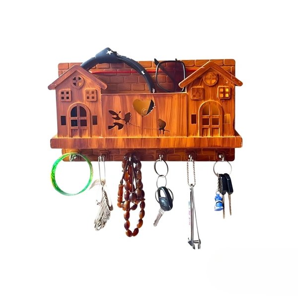 KEY HOUSE, House Design Wooden Key Stand with 6 Hooks | Wall Mounted Key Holder for Entryway, Kitchen, Office, Mudroom – Decorative Key Organizer (Brown)(450)