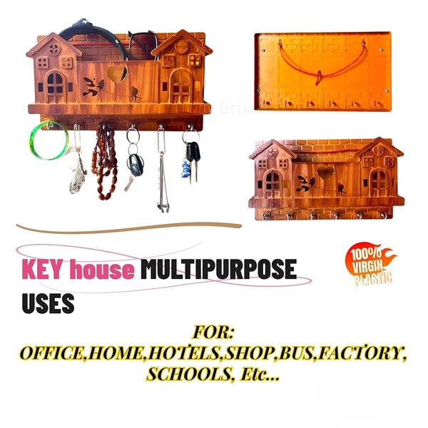 KEY HOUSE, House Design Wooden Key Stand with 6 Hooks | Wall Mounted Key Holder for Entryway, Kitchen, Office, Mudroom – Decorative Key Organizer (Brown)(450)