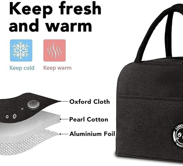 INSULATED ZIP LUNCH BAG, Insulated Lunch Bags for Women Work Student Kids to School Waterproof Thermal Cooler Tote Bag Picnic Organizer Storage Tiffin Box Portable and Reusable    (2350)                    - Black