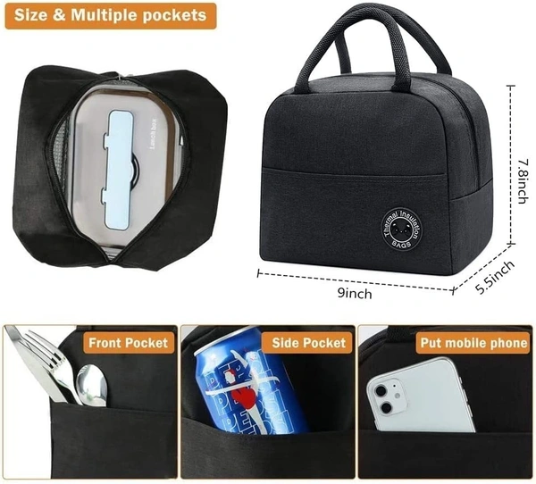 INSULATED ZIP LUNCH BAG, Insulated Lunch Bags for Women Work Student Kids to School Waterproof Thermal Cooler Tote Bag Picnic Organizer Storage Tiffin Box Portable and Reusable    (2350)                    - Black