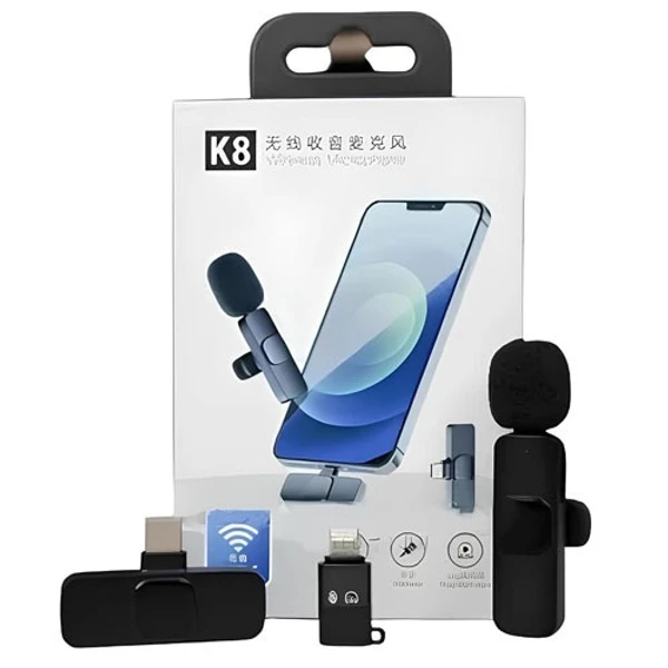 WIRELESS MICROPHONE K8 2 in 1 K8 Wireless Microphone, Digital Mini Portable Recording Clip Mic with Receiver for All Type-C Lightning Mobile Phones Camera Laptop for Vlogging YouTube Online Class, Zoom Call