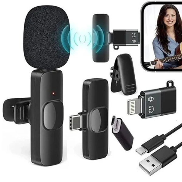 WIRELESS MICROPHONE K8 2 in 1 K8 Wireless Microphone, Digital Mini Portable Recording Clip Mic with Receiver for All Type-C Lightning Mobile Phones Camera Laptop for Vlogging YouTube Online Class, Zoom Call