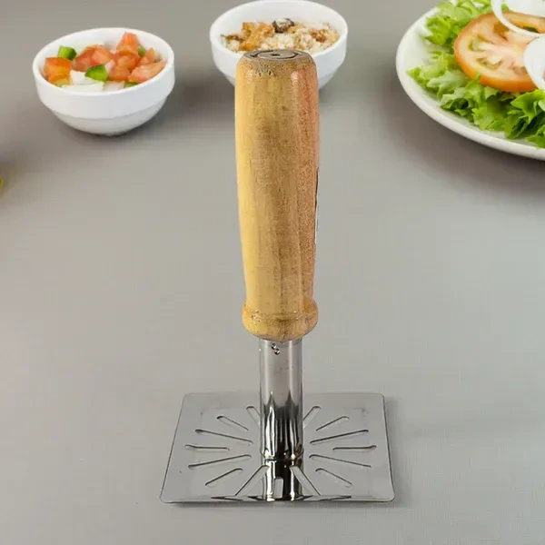 PAVBHAJI MASHER SQUARE, Pav Bhaji Masher with Wooden Handle | Square Stainless Steel Potato Masher for Kitchen (1 Pc)(2526)