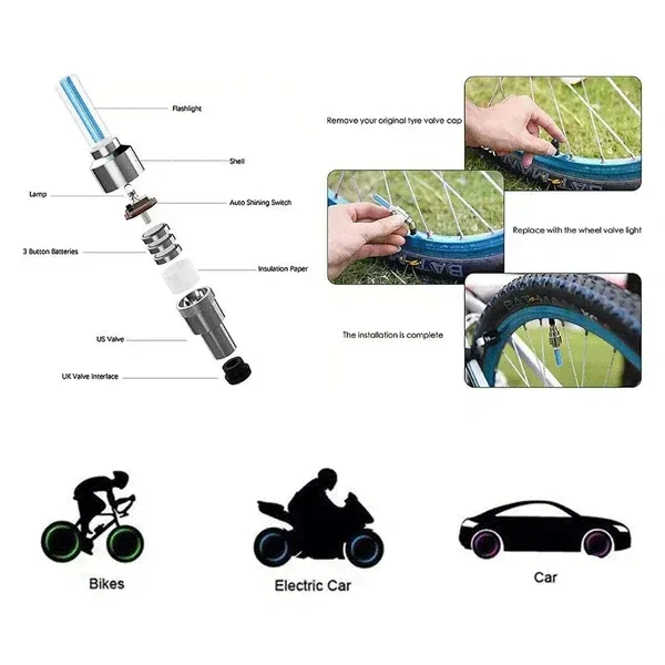 TYRE LIGHT, LED Flash Light lamp tyre Wheel Valve Sealing caps (2 Pc / Mix Color)  (484) - Pack of 2