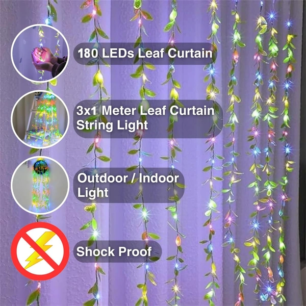 LEAF SERIES M-COLOR, Litehom Leaf Curtain String Light – 180 LED Multicolor Fairy Lights with 8 Modes | Artificial Leaf Vine for Diwali, Ganesh Puja, Navratri, Christmas & Party Decor (10x3 Ft)(2523)