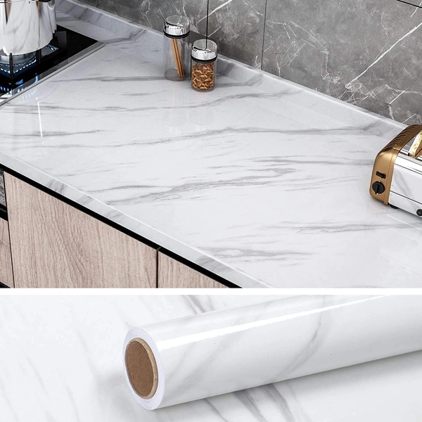 WALL PAPER WHITE MARBEL, Marble Glossy PVC Self Adhesive Wallpaper – White Waterproof Countertop, Cabinet & Furniture Liner (200 x 60 cm, 12 Sqft)(2598)