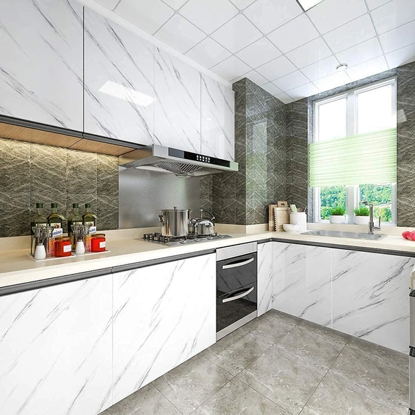 WALL PAPER WHITE MARBEL, Marble Glossy PVC Self Adhesive Wallpaper – White Waterproof Countertop, Cabinet & Furniture Liner (200 x 60 cm, 12 Sqft)(2598)