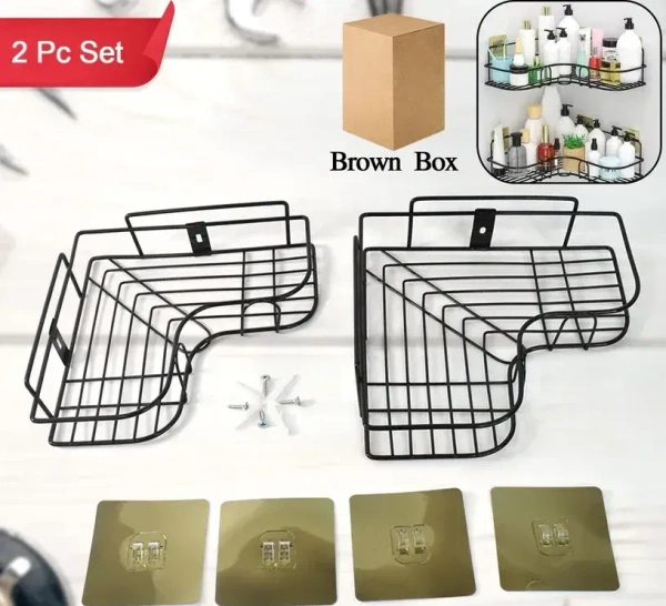 2PCS CORNER SELF METAL, Metal Shower Shelf Set (2 Pc) – No-Drill Bathroom Corner Organizer with 4 Adhesive Hooks | Wall-Mounted Bathroom Accessories & Storage Shelves(8901)