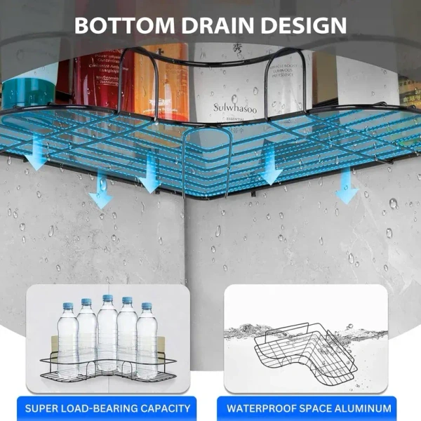 2PCS CORNER SELF METAL, Metal Shower Shelf Set (2 Pc) – No-Drill Bathroom Corner Organizer with 4 Adhesive Hooks | Wall-Mounted Bathroom Accessories & Storage Shelves(8901)