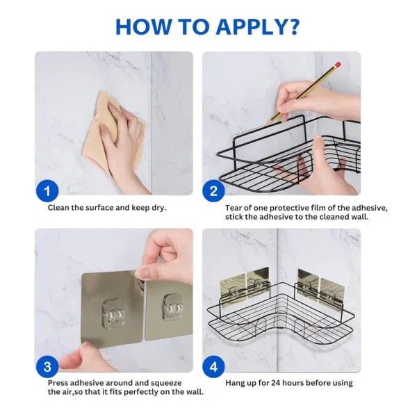 2PCS CORNER SELF METAL, Metal Shower Shelf Set (2 Pc) – No-Drill Bathroom Corner Organizer with 4 Adhesive Hooks | Wall-Mounted Bathroom Accessories & Storage Shelves(8901)