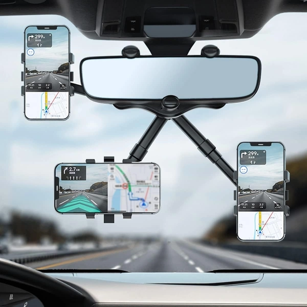 ADJ. REAR VIEW STAND, 360° Rotating Car Mobile Holder | DriveEase Rearview Mirror Mount Phone Stand | Anti-Shake, Adjustable Cradle for Windshield & Dashboard Use(2480)