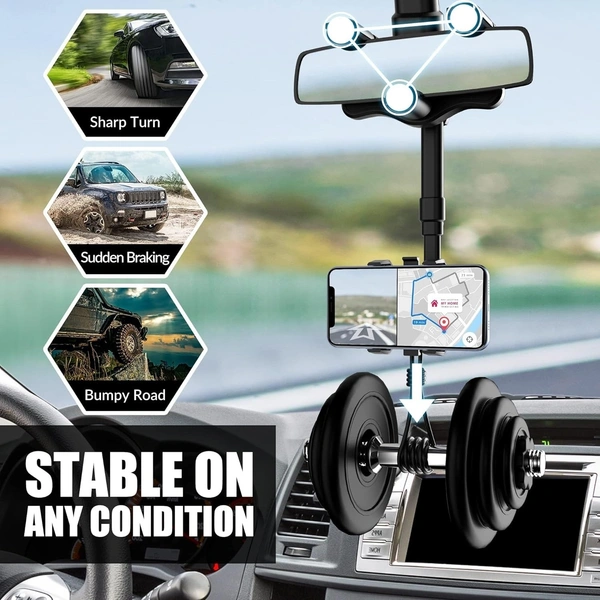 ADJ. REAR VIEW STAND, 360° Rotating Car Mobile Holder | DriveEase Rearview Mirror Mount Phone Stand | Anti-Shake, Adjustable Cradle for Windshield & Dashboard Use(2480)