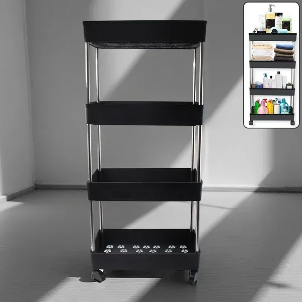 4LAYER STORAGE RACK, 4-Layer Multi-Purpose Movable Storage Rack Trolley with Wheels – Heavy Duty Plastic Organizer for Kitchen, Bathroom & Home Use  (2344)      - Black