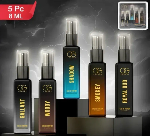 5PCS PERFUME PACK 8ML, OG Beauty Luxury Perfume Combo Pack for Men | Set of 5 Premium Long-Lasting Eau de Parfum (Gallant, Woody, Shadow, Smokey, Royal Oud) | Bold & Modern Signature Fragrances | Travel-Friendly 8ml Each(2706)