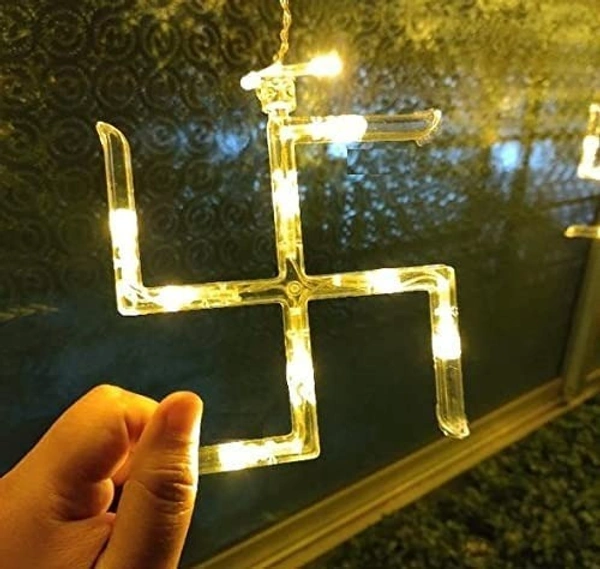 6+6 OM SWASTIC LIGHT WW, Warm White Swastik Curtain Lights – 12 Hanging Swastik & Om LED String Lights with 8 Flashing Modes for Diwali Decoration (40)