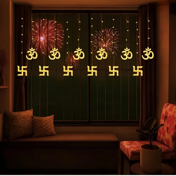 6+6 OM SWASTIC LIGHT WW, Warm White Swastik Curtain Lights – 12 Hanging Swastik & Om LED String Lights with 8 Flashing Modes for Diwali Decoration (40)