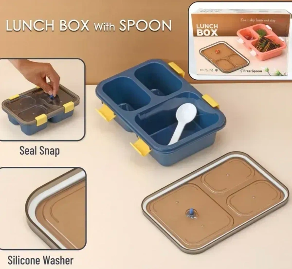 LUNCH BOX WITH SPOON, Plastic Lunch Box for Kids, Lunch Box for Kids 3 Compartment Insulated Lunch Box Tiffin Box for Boys, Girls, School & Office(2403)