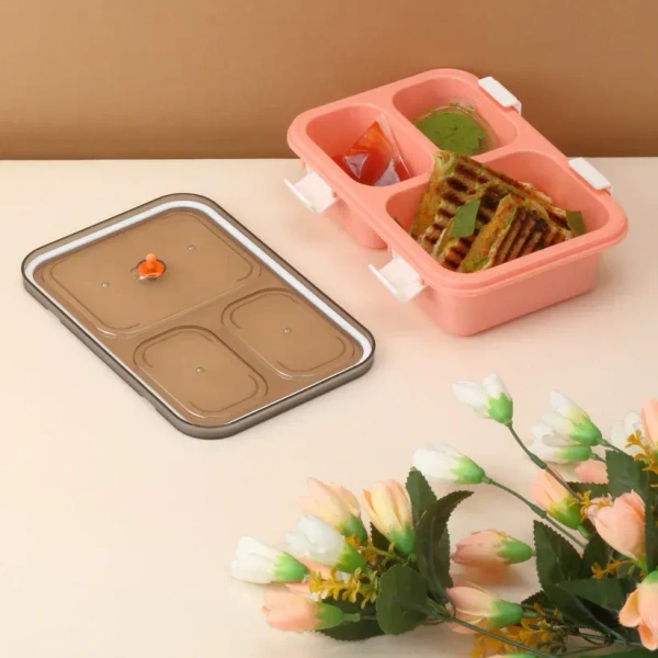 LUNCH BOX WITH SPOON, Plastic Lunch Box for Kids, Lunch Box for Kids 3 Compartment Insulated Lunch Box Tiffin Box for Boys, Girls, School & Office(2403)