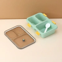 LUNCH BOX WITH SPOON, Plastic Lunch Box for Kids, Lunch Box for Kids 3 Compartment Insulated Lunch Box Tiffin Box for Boys, Girls, School & Office(2403)