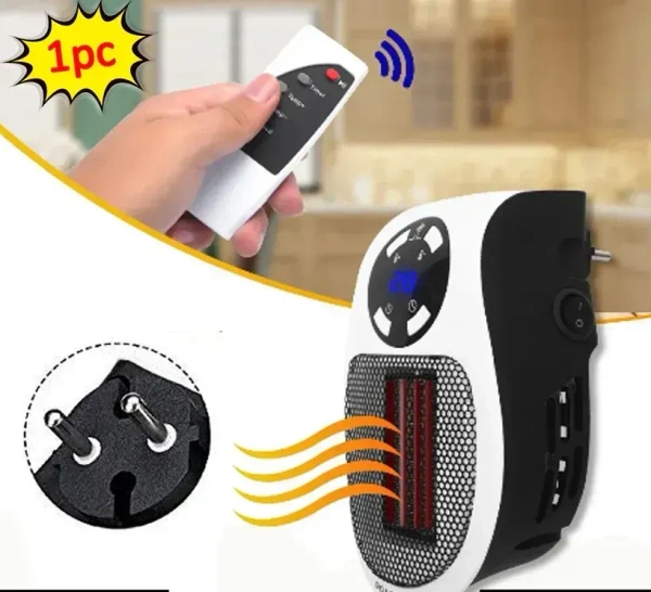 ELE. HEATER WITH REMOTE, Portable 500W Mini Electric Heater with Adjustable Temperature (15–30°C), PTC Ceramic Heating, LED Display, Timer & Overheat Protection – Compact Plug-In Wall Heater for Home & Travel(2671)