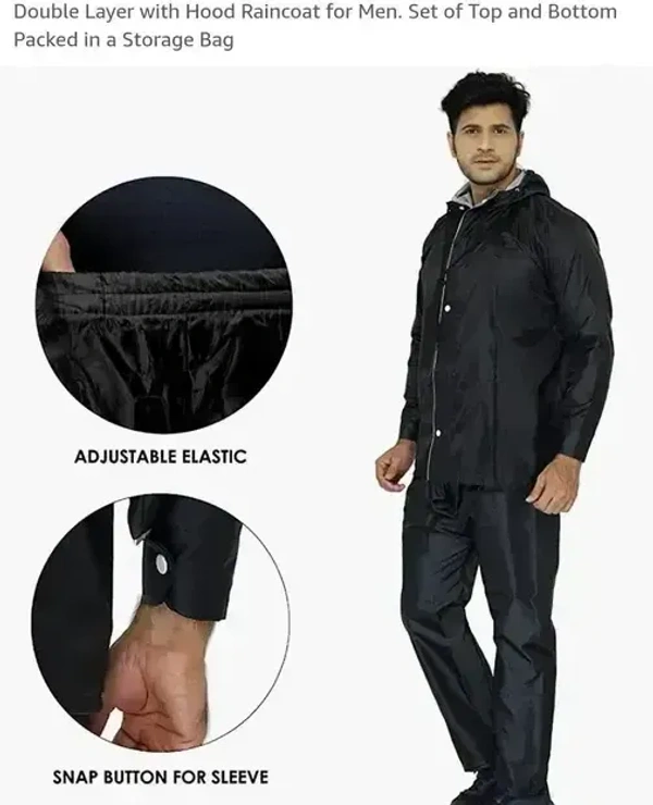 L SIZE RAINCOAT REVERSIBLE,Rain Coat for Men Waterproof Raincoat with Pants Polyester Reversible Double Layer Rain Coat For Men Bike Rain Suit Rain Jacket Suit Inner(1112) - L Size, Black