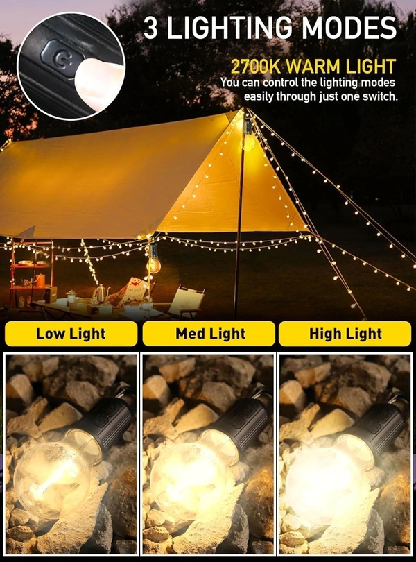 CAMPING LAMP, Rechargeable Camping Hanging Bulb – Warm Light with 3 Modes, Tent Lamp for Hiking, Backpacking, Emergency & Outdoor Decoration(2037)