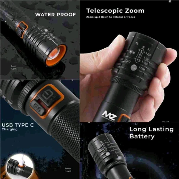 METAL TORCH MZ 035 (ZOOMABLE LED METAL TORCH)5 Modes Flashlight (Pack of 2) Torch  (Black, 13.5 cm, Rechargeable) (1770)