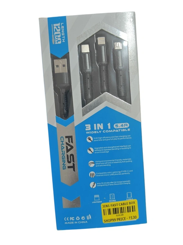 3IN1 FAST CABLE BOX,Xtrom 3 in 1 Multi Super Fast Charging Cable – USB to Type-C, Micro USB & Lightning Cable | High-Speed Data Sync & Fast Charging | Durable Nylon Braided Universal Cable(2715)