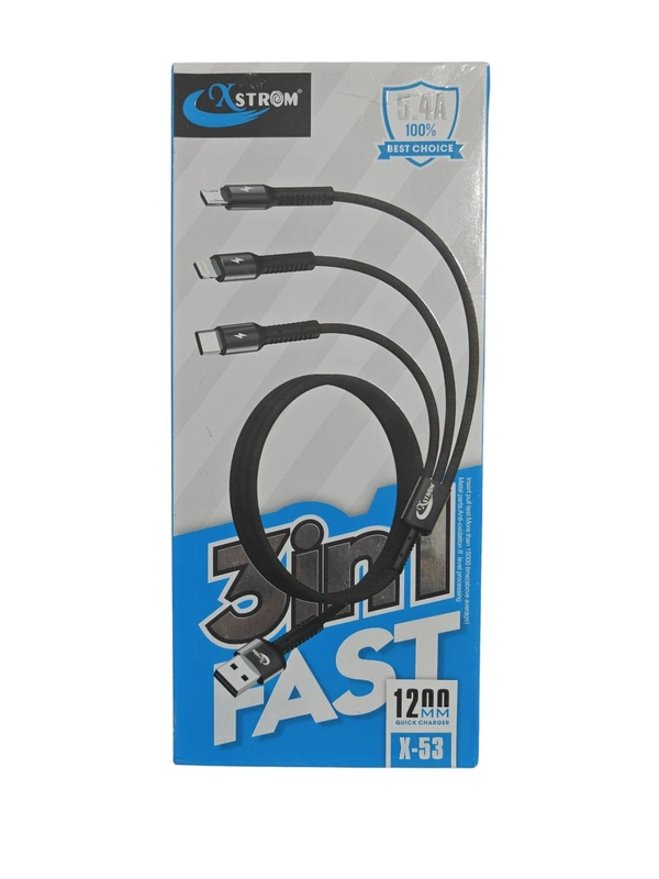 3IN1 FAST CABLE BOX,Xtrom 3 in 1 Multi Super Fast Charging Cable – USB to Type-C, Micro USB & Lightning Cable | High-Speed Data Sync & Fast Charging | Durable Nylon Braided Universal Cable(2715)