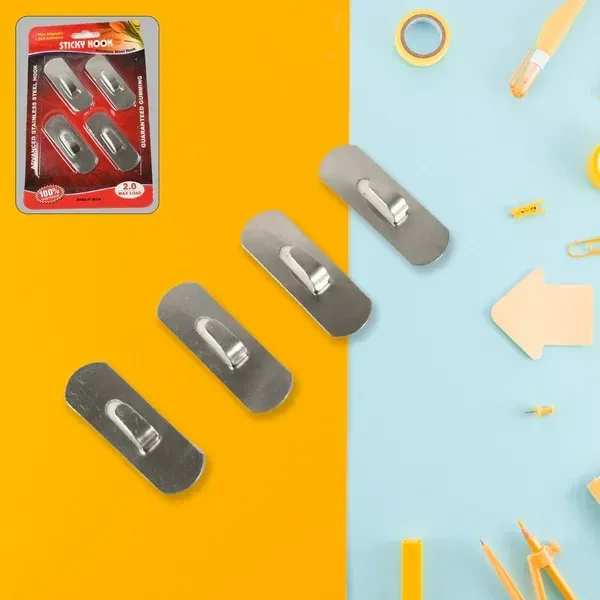 4PCS ADHESIVE HOOK, Self- Adhesive Hooks, Heavy Duty Wall Hooks Hangers Stainless Steel Waterproof Sticky Hooks   (2343)     - Pack of 4