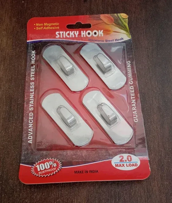 4PCS ADHESIVE HOOK, Self- Adhesive Hooks, Heavy Duty Wall Hooks Hangers Stainless Steel Waterproof Sticky Hooks   (2343)     - Pack of 4