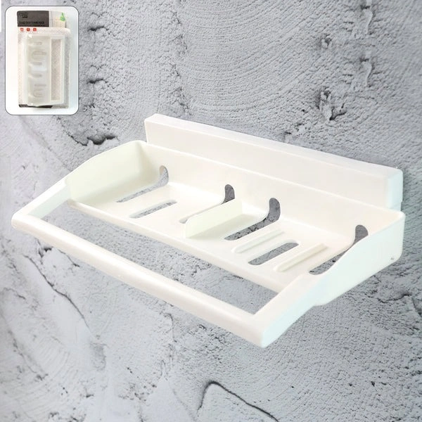 SOAP HOLDER, Self-Adhesive Soap Holder with Towel Bar – Punch-Free Wall-Mounted Bathroom Shelf | Fast-Drain, Strong Hold & Rust-Free Organizer(2691)