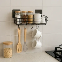 WALL STORAGE BASKET, Heavy-Duty Self-Adhesive Wall Storage Basket with Hooks – No-Drill Organizer for Kitchen, Bathroom & Home Use(2722)